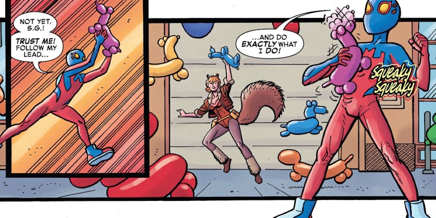 Spider-Boy #1, Spider-Boy und Squirrel Girl arbeiten zusammen, um Balloon Man aufzuhalten