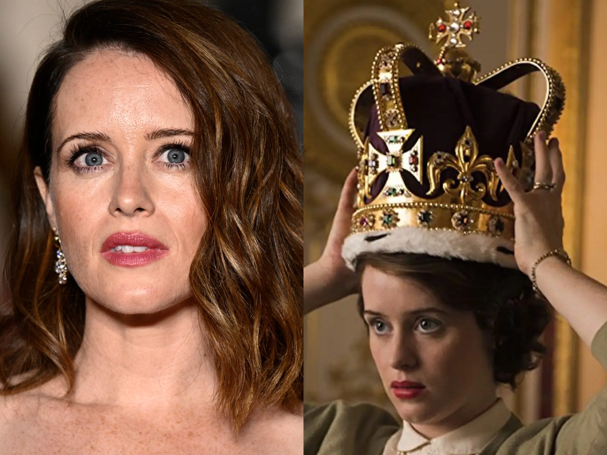 Claire Foy im September 2023 und in der ersten Staffel von „The Crown“.