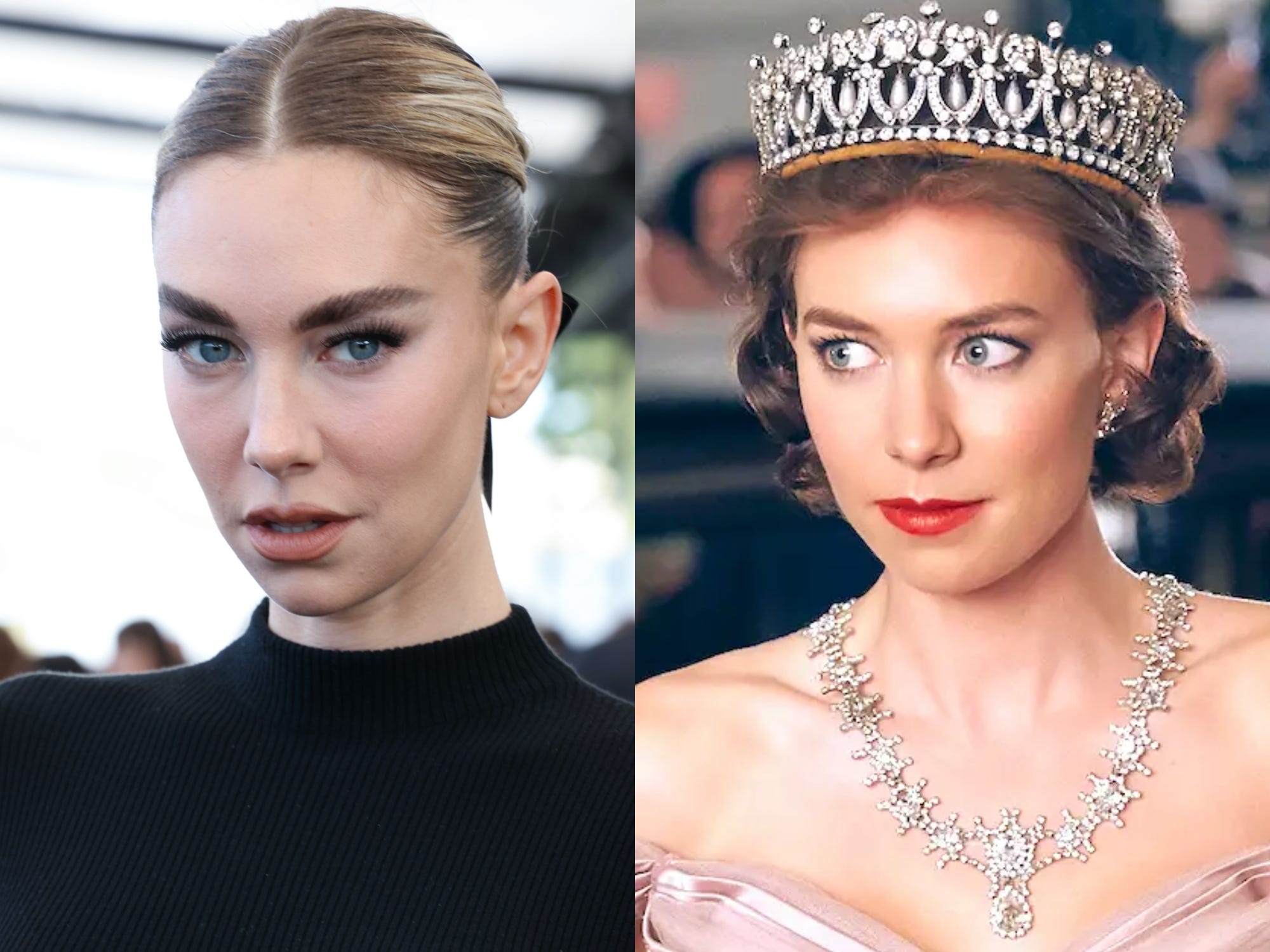 Vanessa Kirby im September 2023 und als Prinzessin Margaret in „The Crown“.