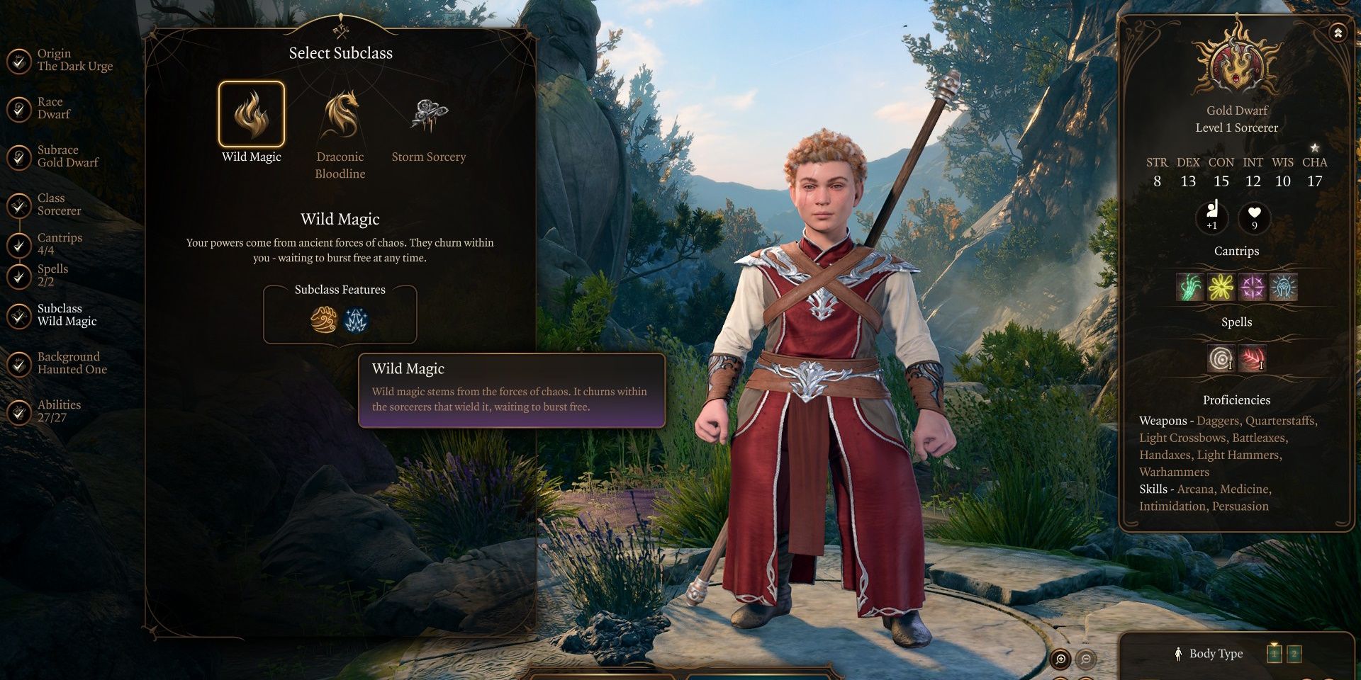 Bildschirm zur Charaktererstellung, der einen Goldzwerg-Zauberer mit wilder Magie in Baldur's Gate 3 zeigt