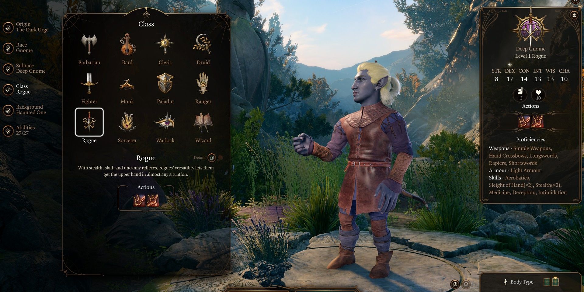 Bildschirm zur Charaktererstellung, der einen tiefen Gnom-Schurken in Baldur's Gate 3 zeigt