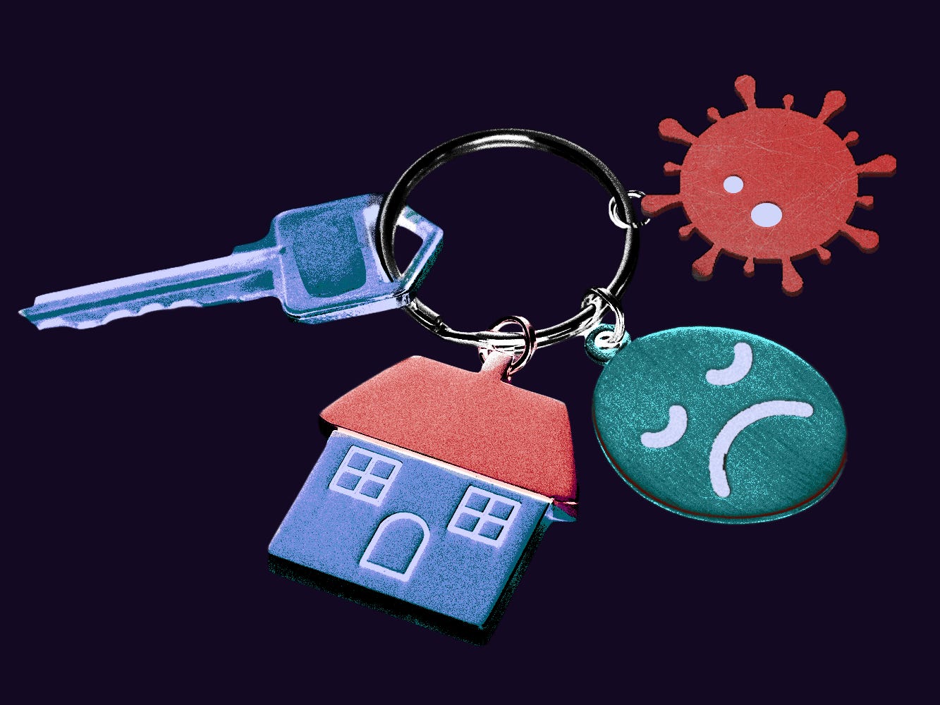 Ein Schlüsselanhänger mit einem Haus, einem traurigen Gesicht und einem Covid-Virus.