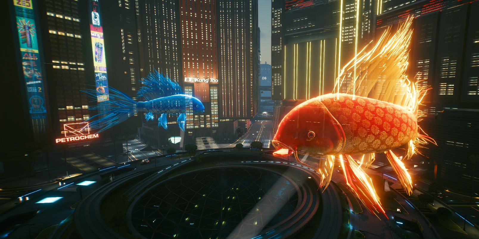 Eine Aufnahme von Corpo Plaza und dem leuchtenden Goldfisch aus Cyberpunk 2077.