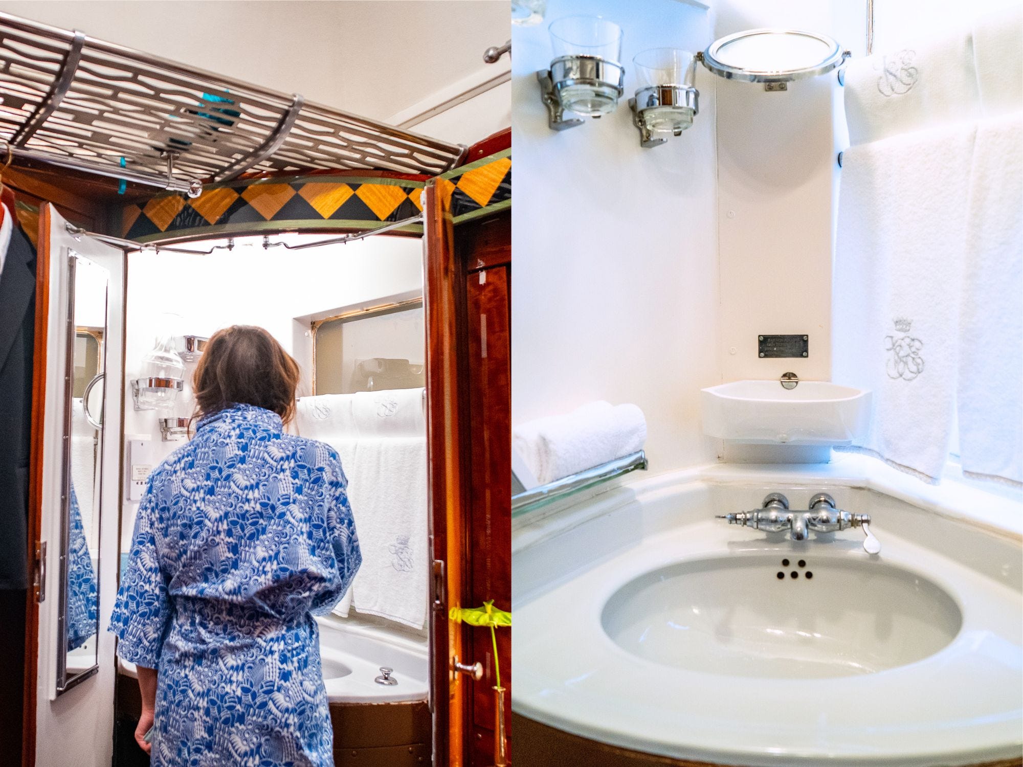 Links: Der Autor steht in einem blauen Gewand vor Waschbecken und Spiegel.  Rechts: Ein weißes Waschbecken mit kreisförmigem Drehspiegel