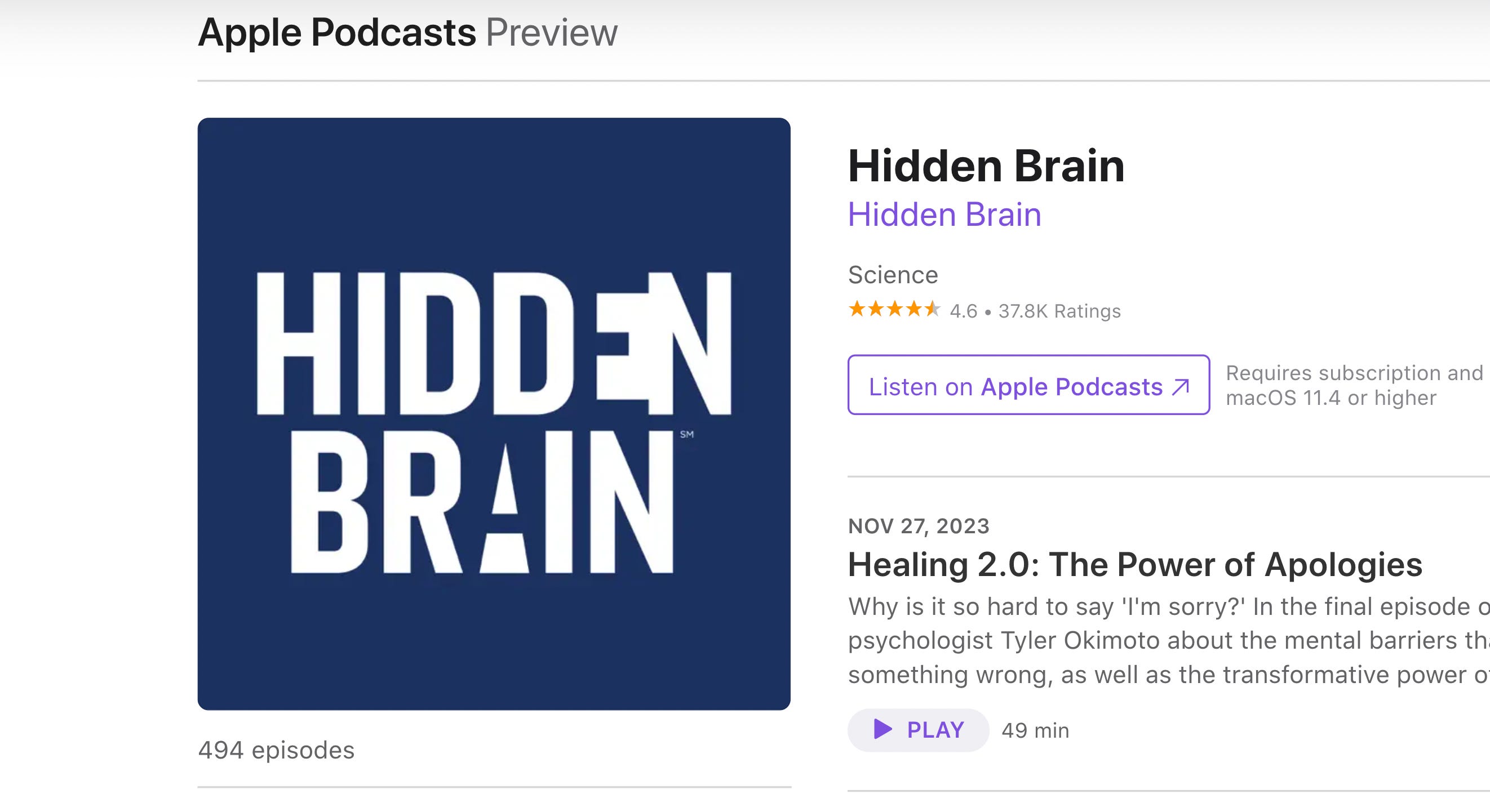 Ein Screenshot von Apple Podcasts des Hidden Brain Podcasts.