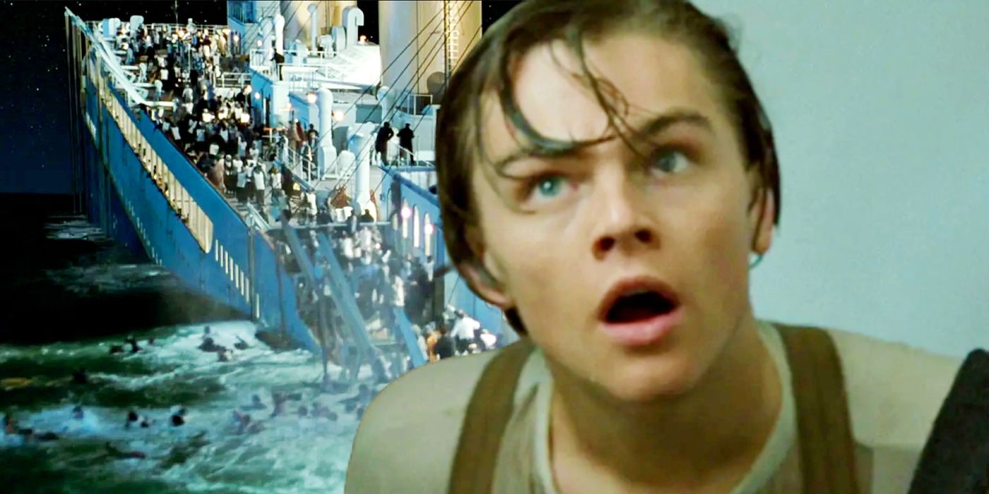Benutzerdefiniertes Bild von Leonardo DiCaprio als Jack im Kontrast zum Untergang der Titanic.