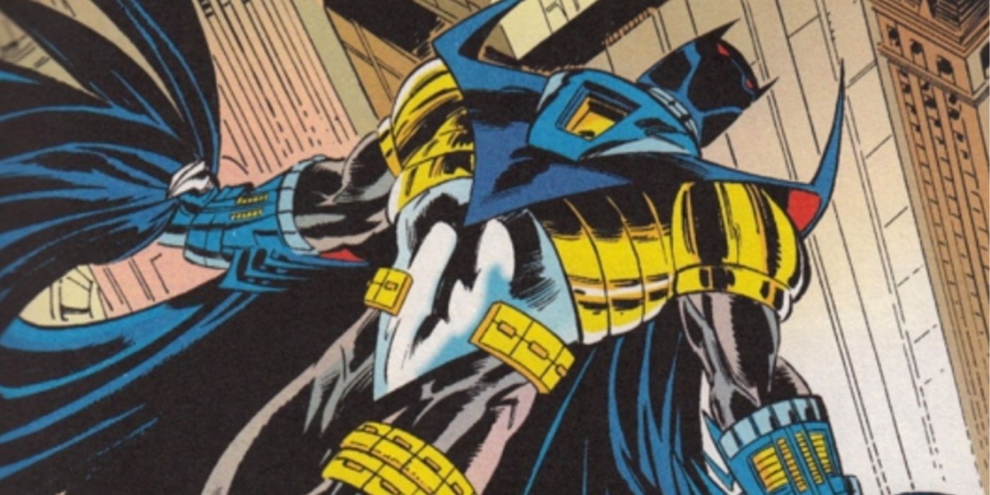 Azrael als Batman, der von einem Dach in Gotham City springt.