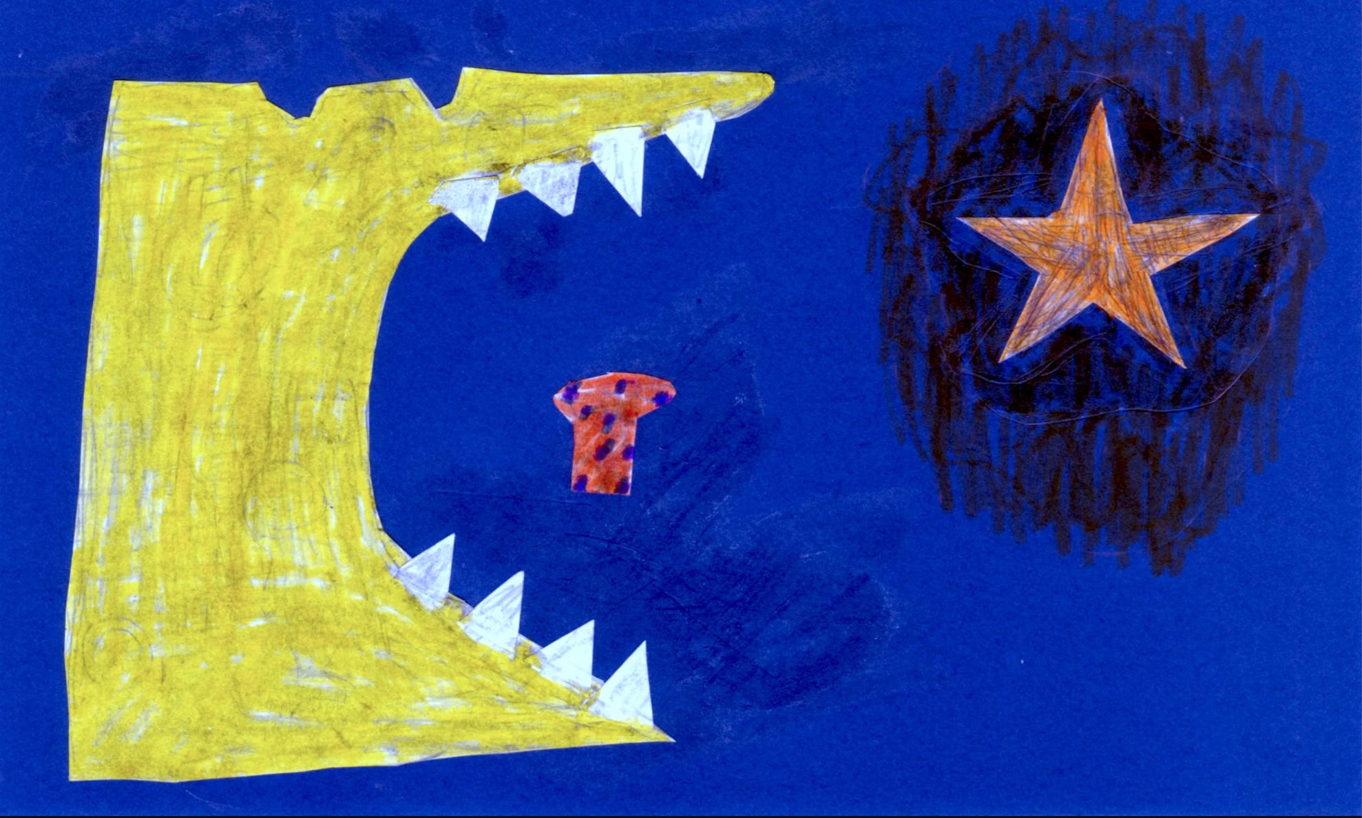 Ein gelbes Geschöpf mit Zähnen öffnet vor dem Essen sein Maul, während im Hintergrund ein Stern leuchtet.