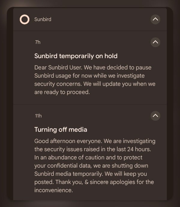 Zuvor von Sunbird-Benutzern erhaltene Benachrichtigung, dass die App vorübergehend ausgesetzt ist |  Quelle – ijeffgarden (Reddit) – Die Sunbird iMessage-App für Android wird aus Datenschutzgründen vorübergehend geschlossen