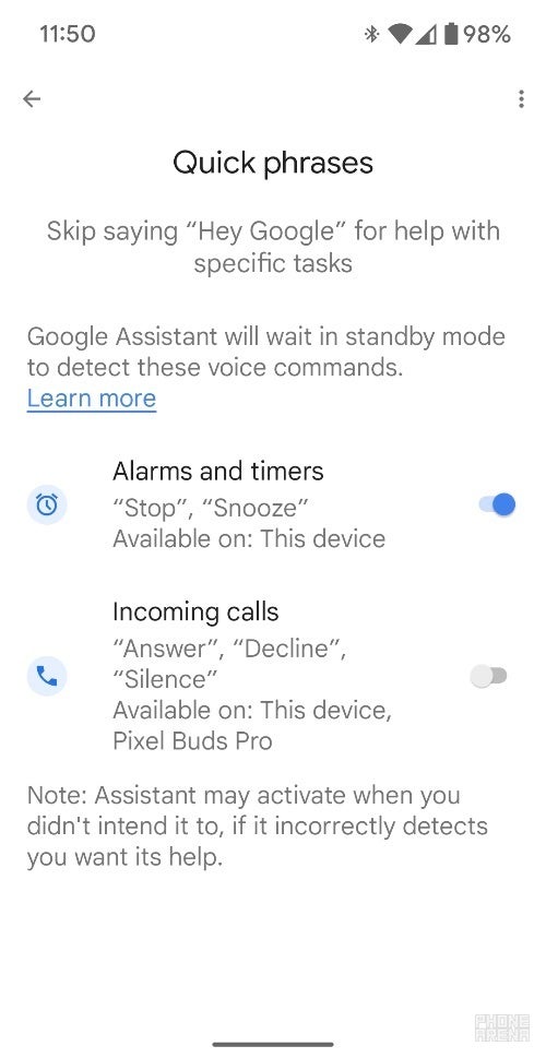Einstellungsseite für Schnellsätze auf Pixel Fold – Google erweitert Assistant Quick Phrases, um eingehende Anrufe auf Pixel Buds Pro zu verarbeiten
