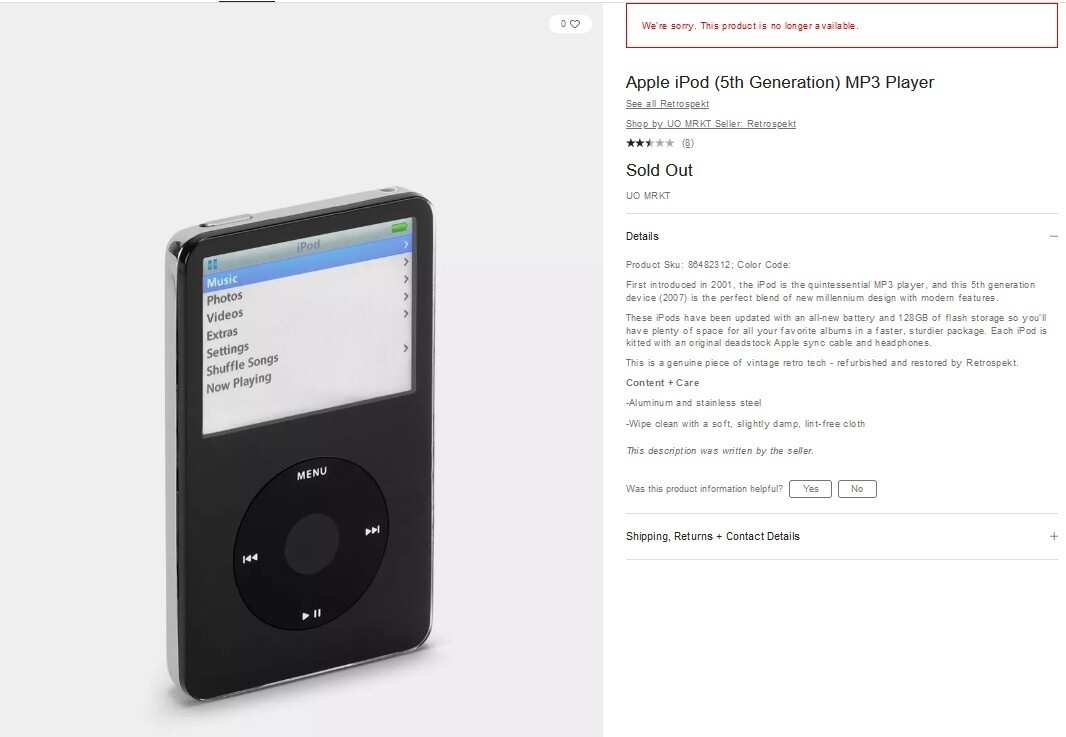 In der Auflistung auf der Website von Urban Outfitters heißt es, dass der generalüberholte iPod der 5. Generation ausverkauft ist – generalüberholte iPod-MP3-Geräte der 5. Generation sind online ausverkauft