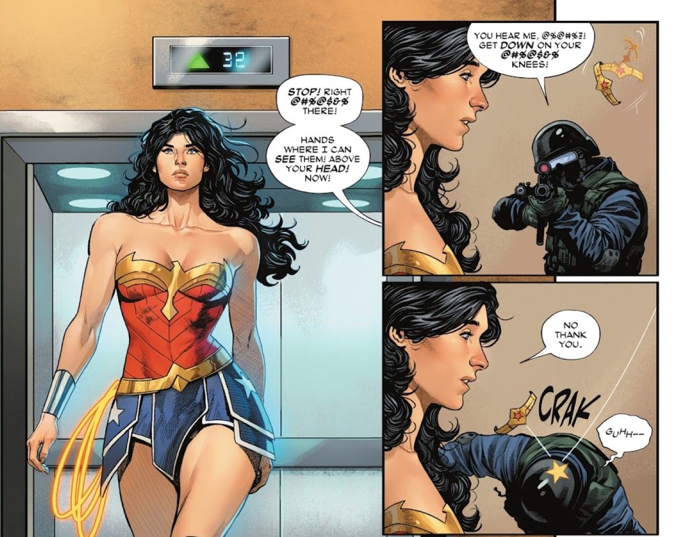 Wonder Woman kämpft in Comic-Tafeln gegen eine Wache.