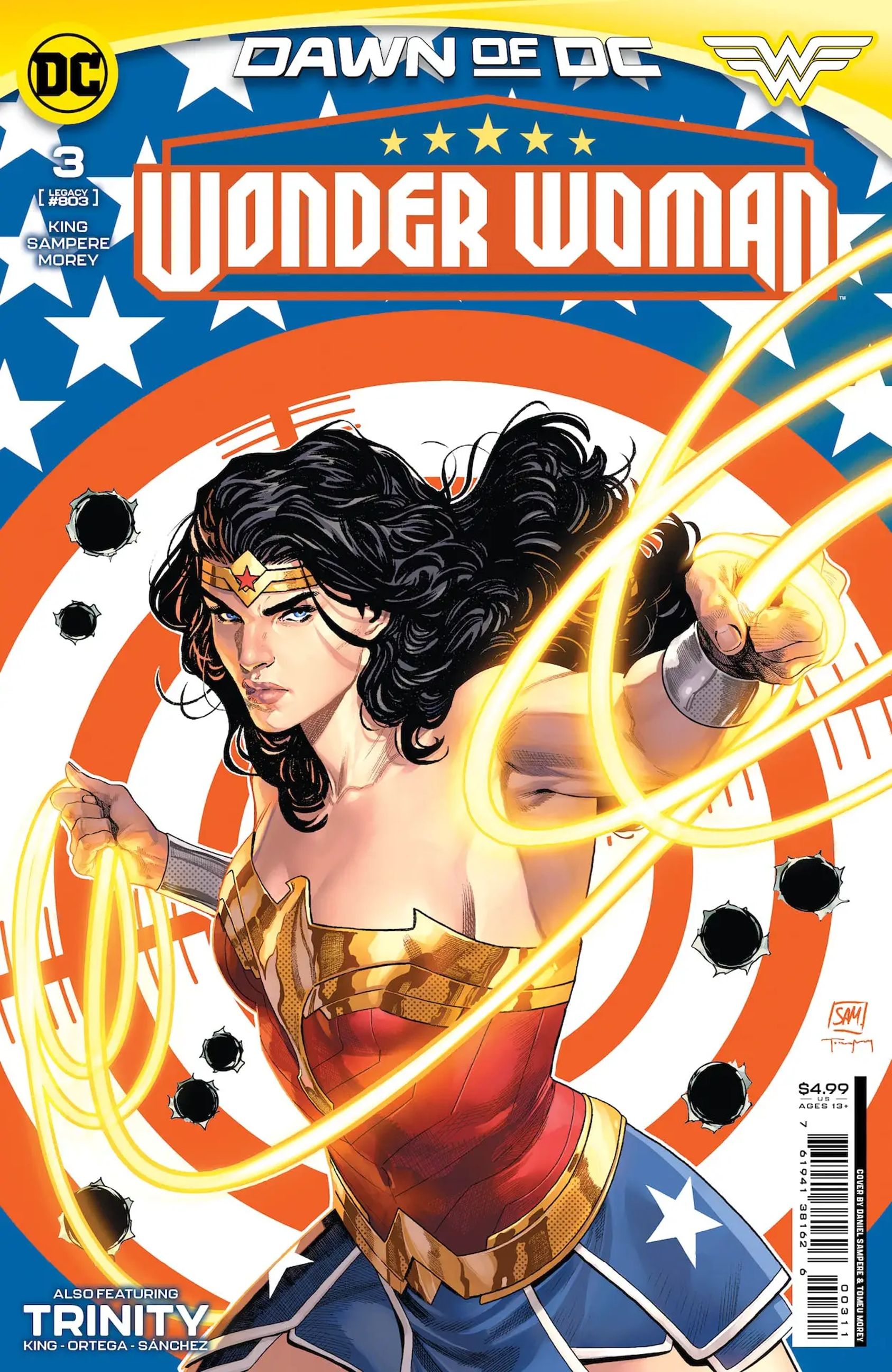 Das Cover von Wonder Woman 3. Wonder Woman hält ihr Lasso vor ein Ziel mit Einschusslöchern.