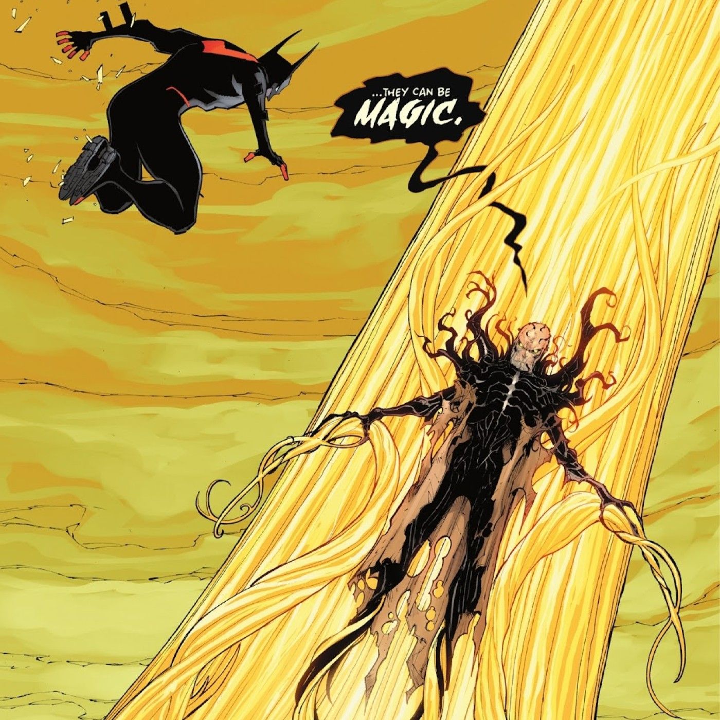 Comic-Seite: Batman Beyond springt in einem schwarzen Batsuit auf eine verzerrte, monströse Version von Constantine, die an einer gelben Säule befestigt ist.