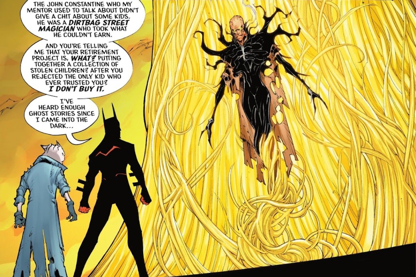 Comic-Panel: Kostüm-Superhelden konfrontieren einen Monstermann, der an einer gelben Säule befestigt ist.