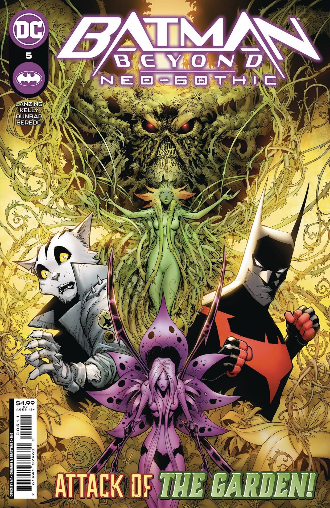 Comic-Cover: Kostümierte Superhelden stehen in der Mitte, umgeben von Pflanzenmonstern.