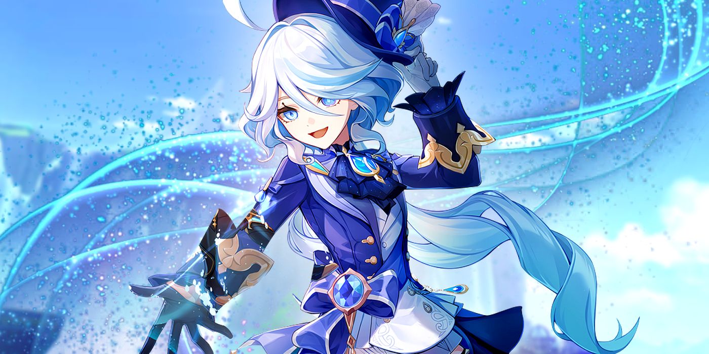 Furina von Genshin Impact streckt ihre Hand aus, während sie mit der anderen ihren Hut hält, und hinter ihr bildet sich ein blauer fließender Effekt.