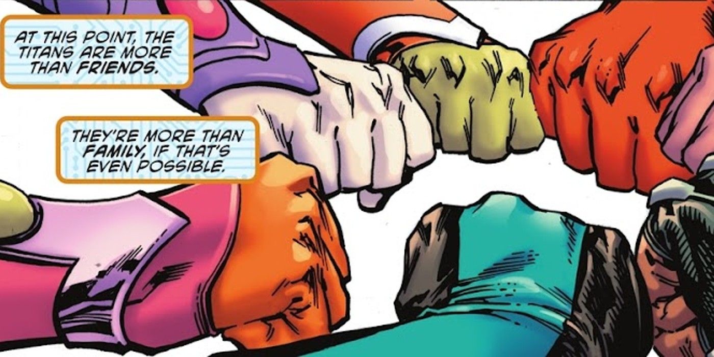 Comic-Panels: ein Kreis fauststoßender Hände, alle Charaktere tragen unterschiedliche Superheldenkostüme.