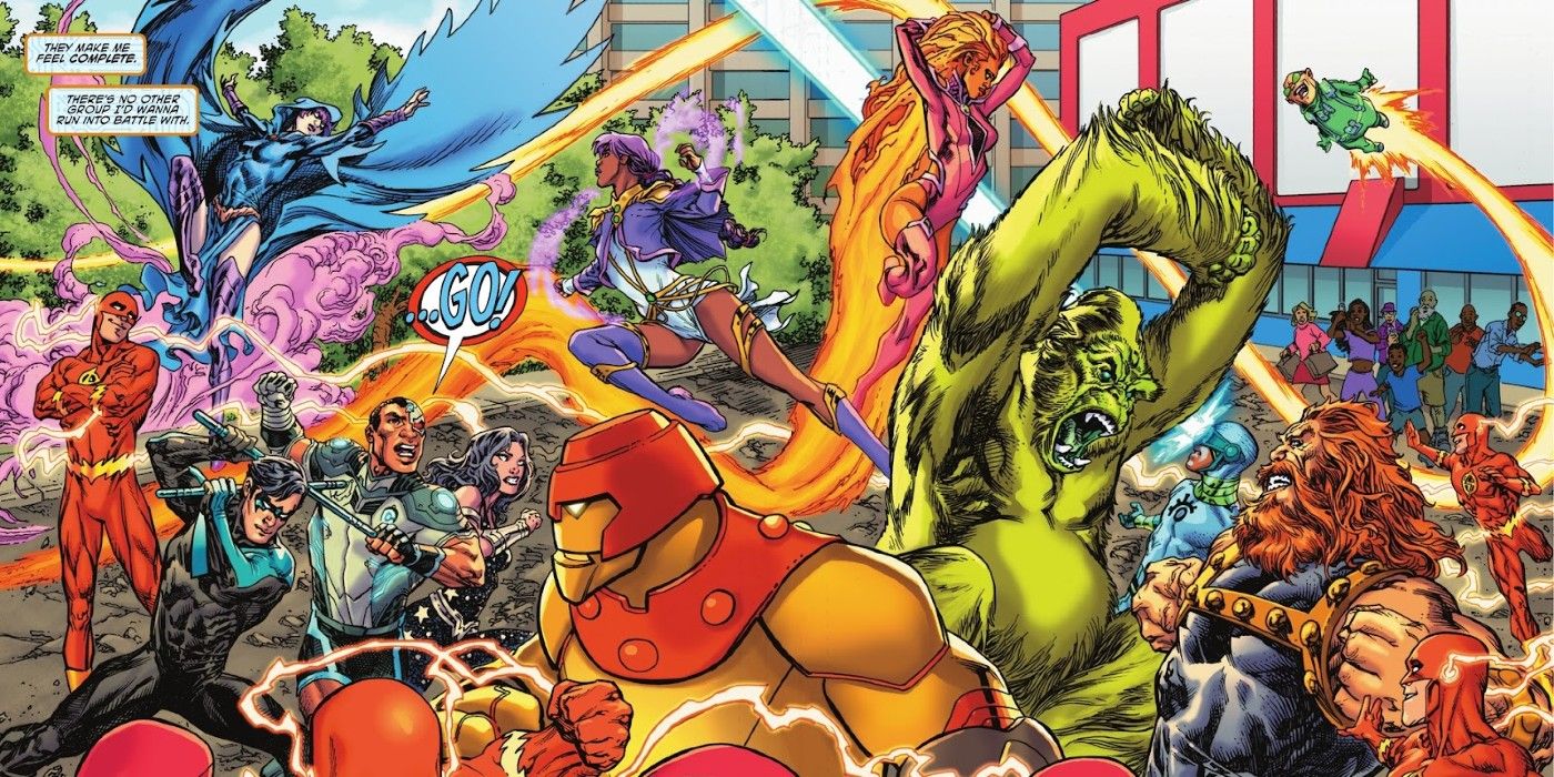 Comic-Panel: Kostümierte Superhelden kämpfen gegen eine bunte Schar von Schurken.