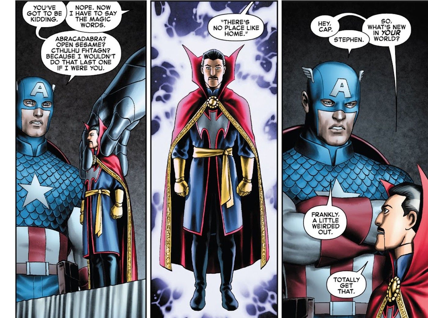 Panels aus Captain America #3, Doctor Strange spricht mit Captain America als Puppe