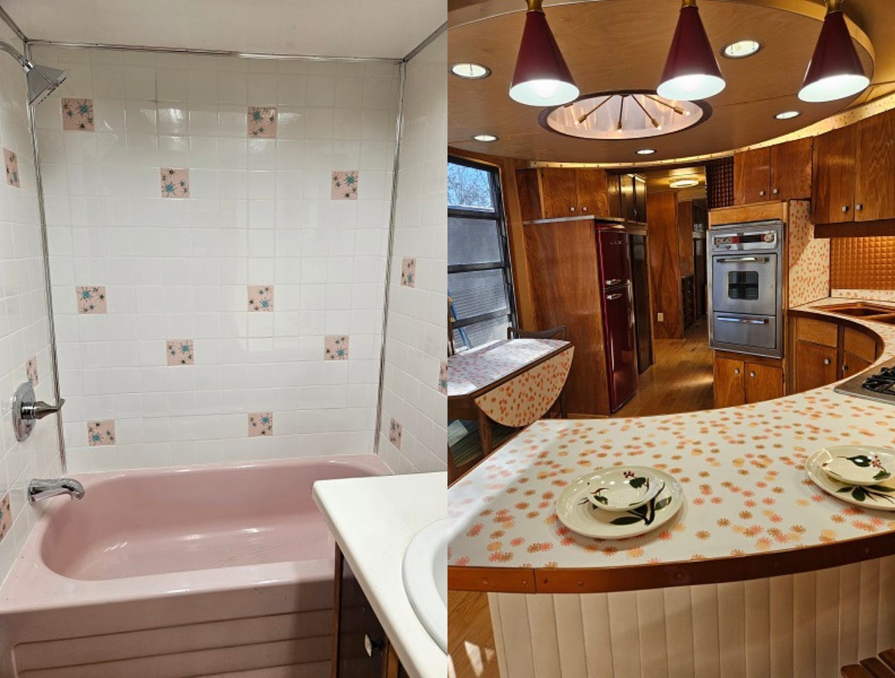 Das Badezimmer verfügt über eine rosafarbene Badewanne und die Küche über eine einzigartige runde Theke.