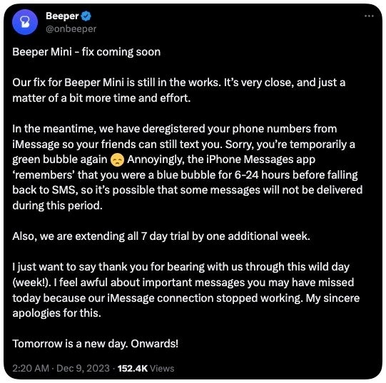 Beeper Mini ist derzeit nicht verfügbar, möglicherweise von Apple abgeschaltet (Update: funktioniert teilweise)