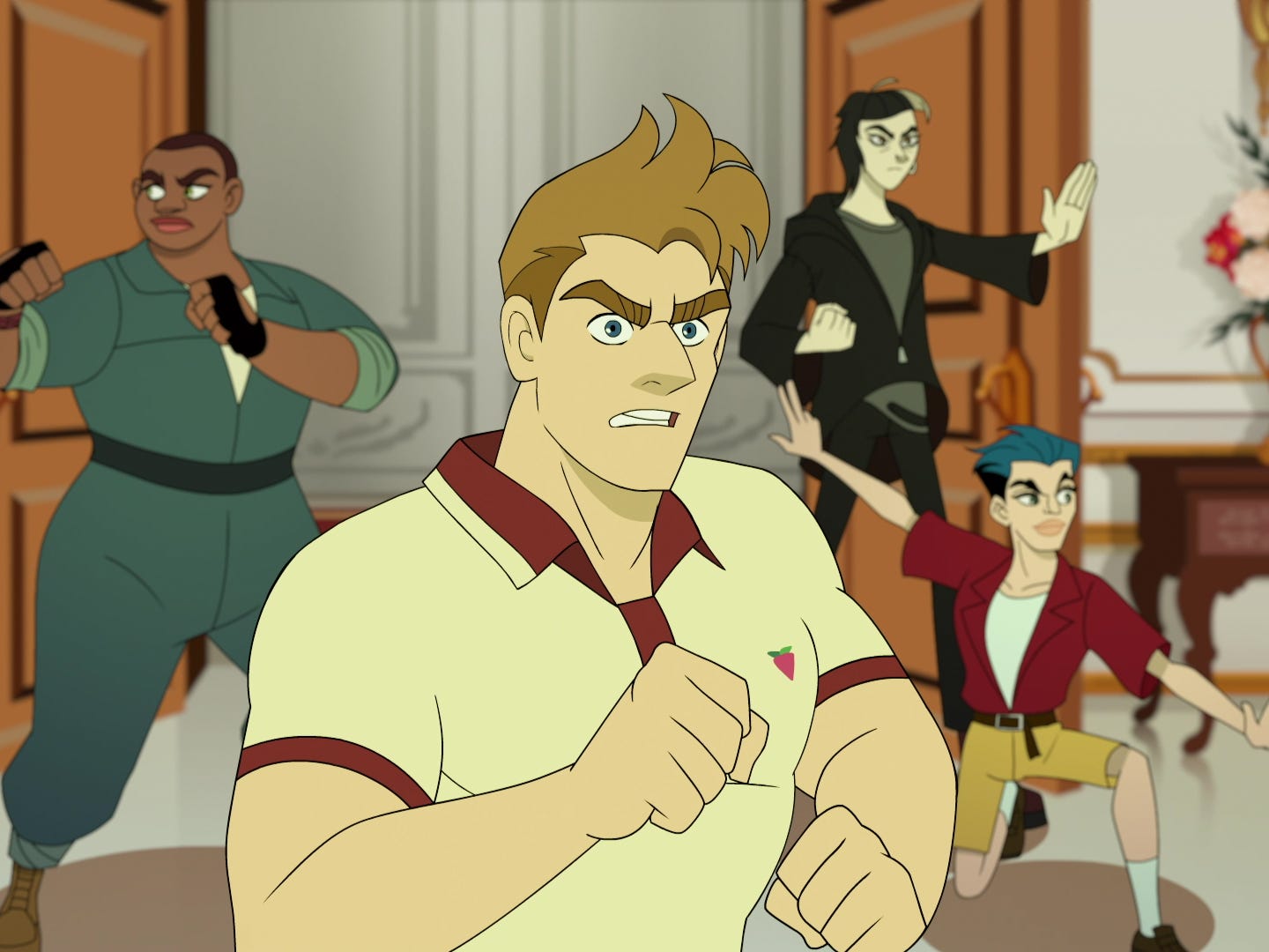 Vier animierte Geheimagenten stürmen in einen Raum: eine Butch-Frau im Blaumann, ein Mann im Poloshirt, eine Frau in schwarz-grauer Kleidung und ein Mann in Shorts und blau gefärbten Haaren