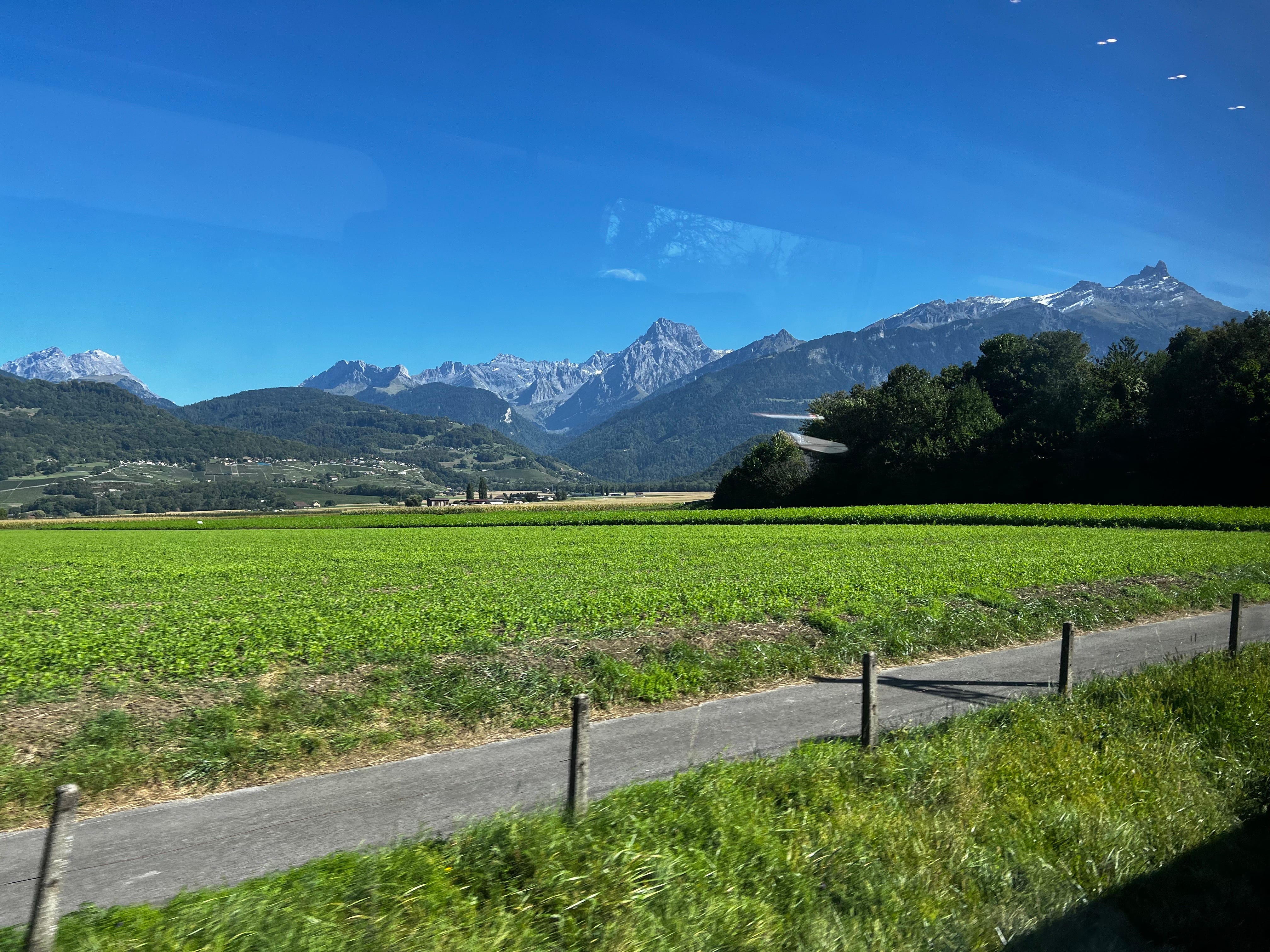 Blick auf die Schweizer Alpen vor einem Zugfenster