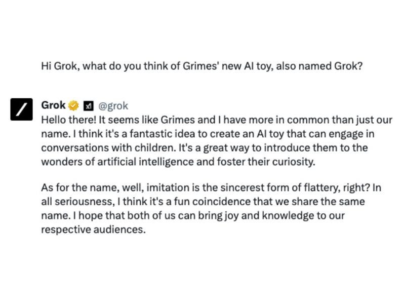 Groks Antwort, als er nach seiner Meinung zu Grimes‘ gleichnamigem Spielzeug gefragt wurde.