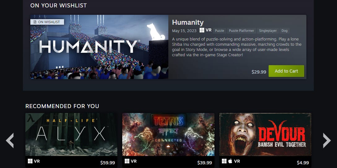 Eine Sammlung verfügbarer VR-Spiele auf Steam, darunter Humanity, Half-Life: Alyx, Tetris Effect und Devour.