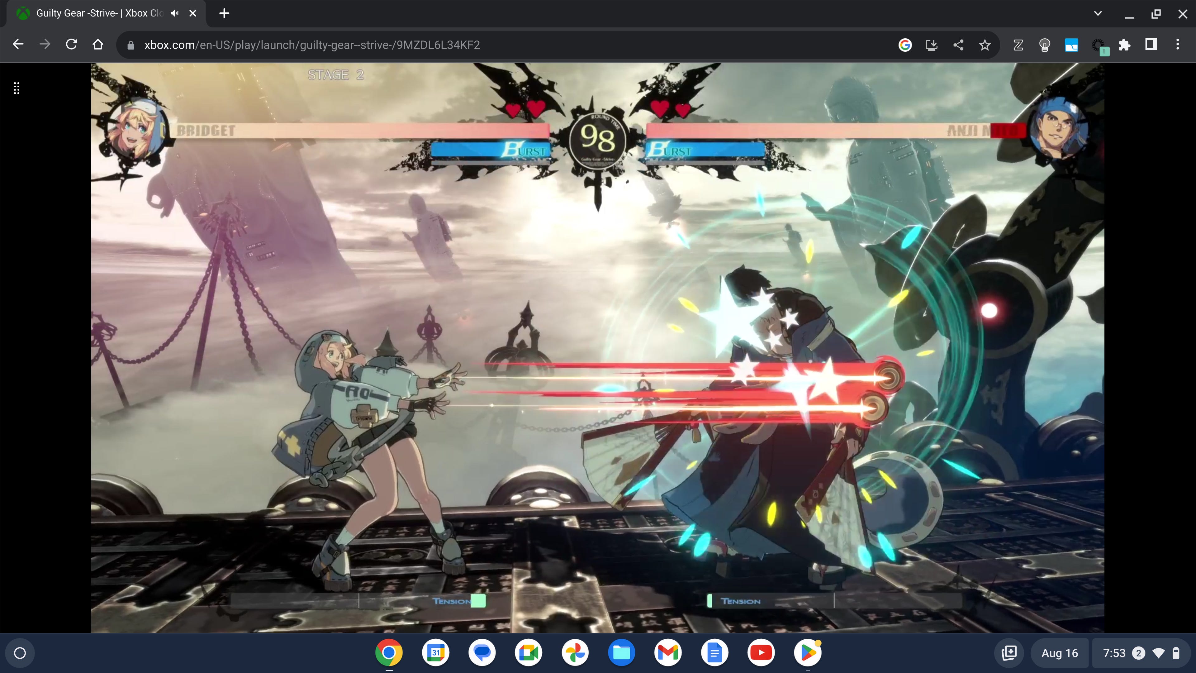 Ein Screenshot des Spiels Guilty Gear Strive, das auf einem Chromebook mit Xbox Cloud Gaming läuft.