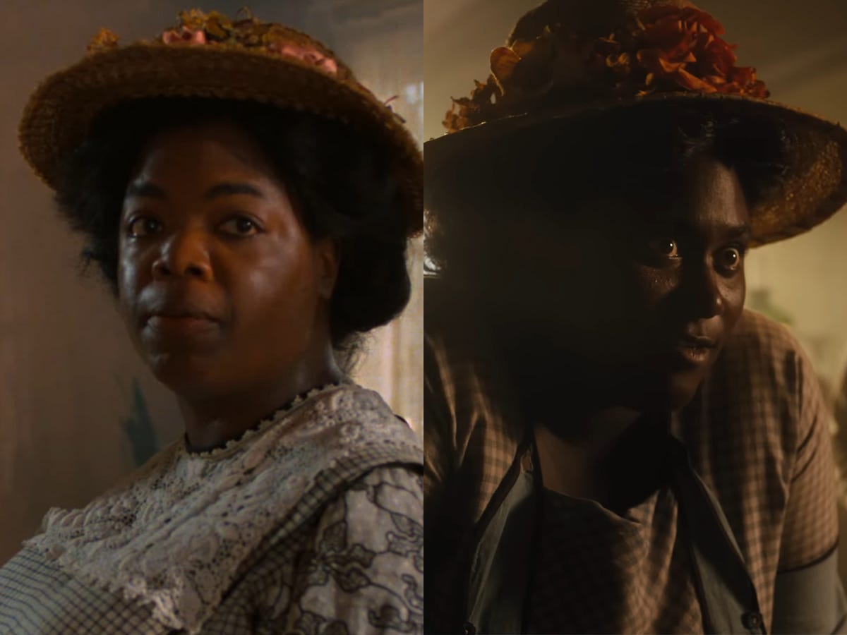 Links: Oprah Winfrey als Sofia in der 1985er Version von „The Color Purple“.  Rechts: Danielle Brooks als Sofia in der 2023er Version von „The Color Purple“.