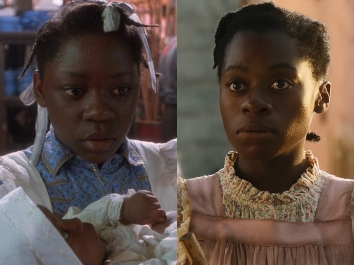 Links: Desreta Jackson als Celie in der 1985er Version von „The Color Purple“.  Rechts: Phylicia Pearl Mpasi als Celie in der 2023er Version von „The Color Purple“.