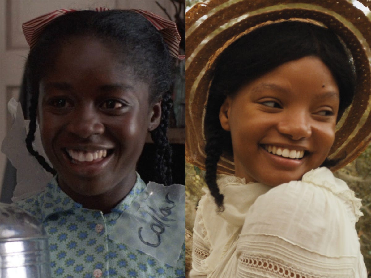 Links: Akosua Busia als Nettie in der 1985er Version von „The Color Purple“.  Rechts: Halle Bailey als Nettie in der 2023er Version von „The Color Purple“.