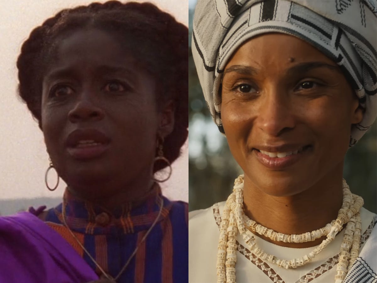 Links: Akosua Busia als Nettie in der 1985er Version von „The Color Purple“.  Rechts: Ciara als Nettie in der 2023er Version von „The Color Purple“.