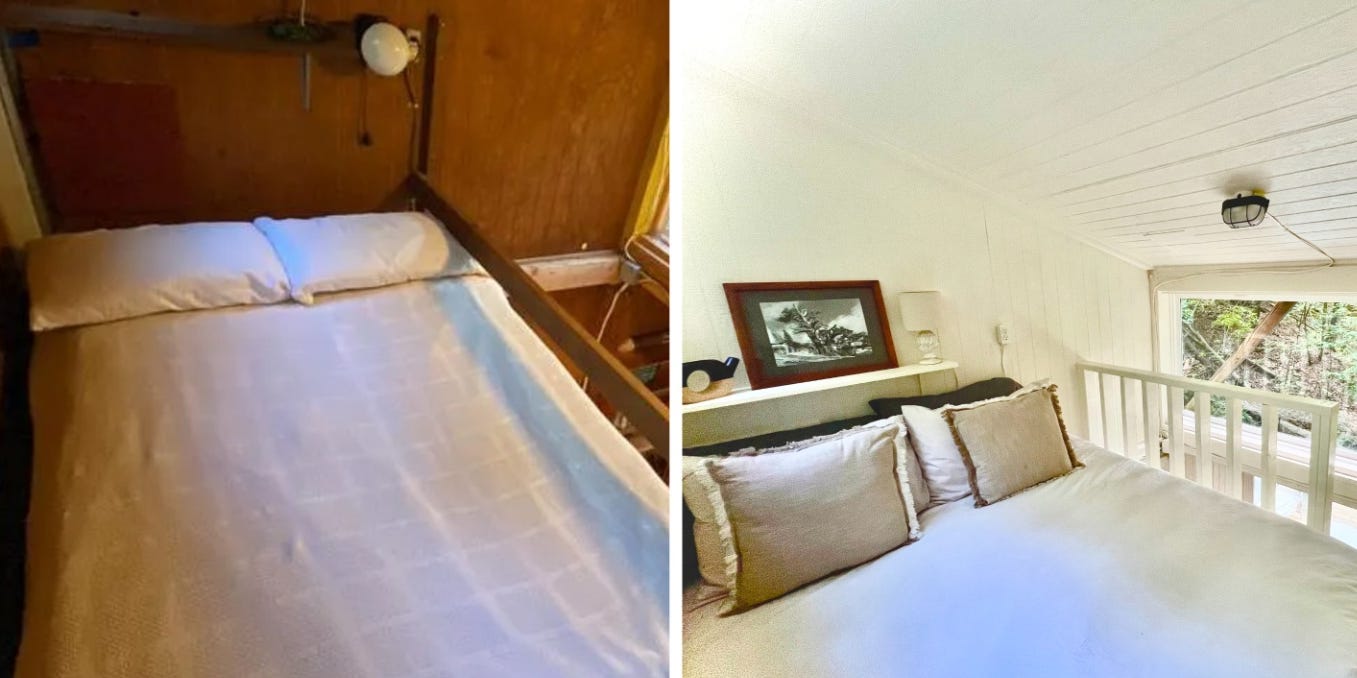 Links ein Bett, in dem kaum etwas intakt ist.  Richtig, ein bequemes, schönes weißes Bett.