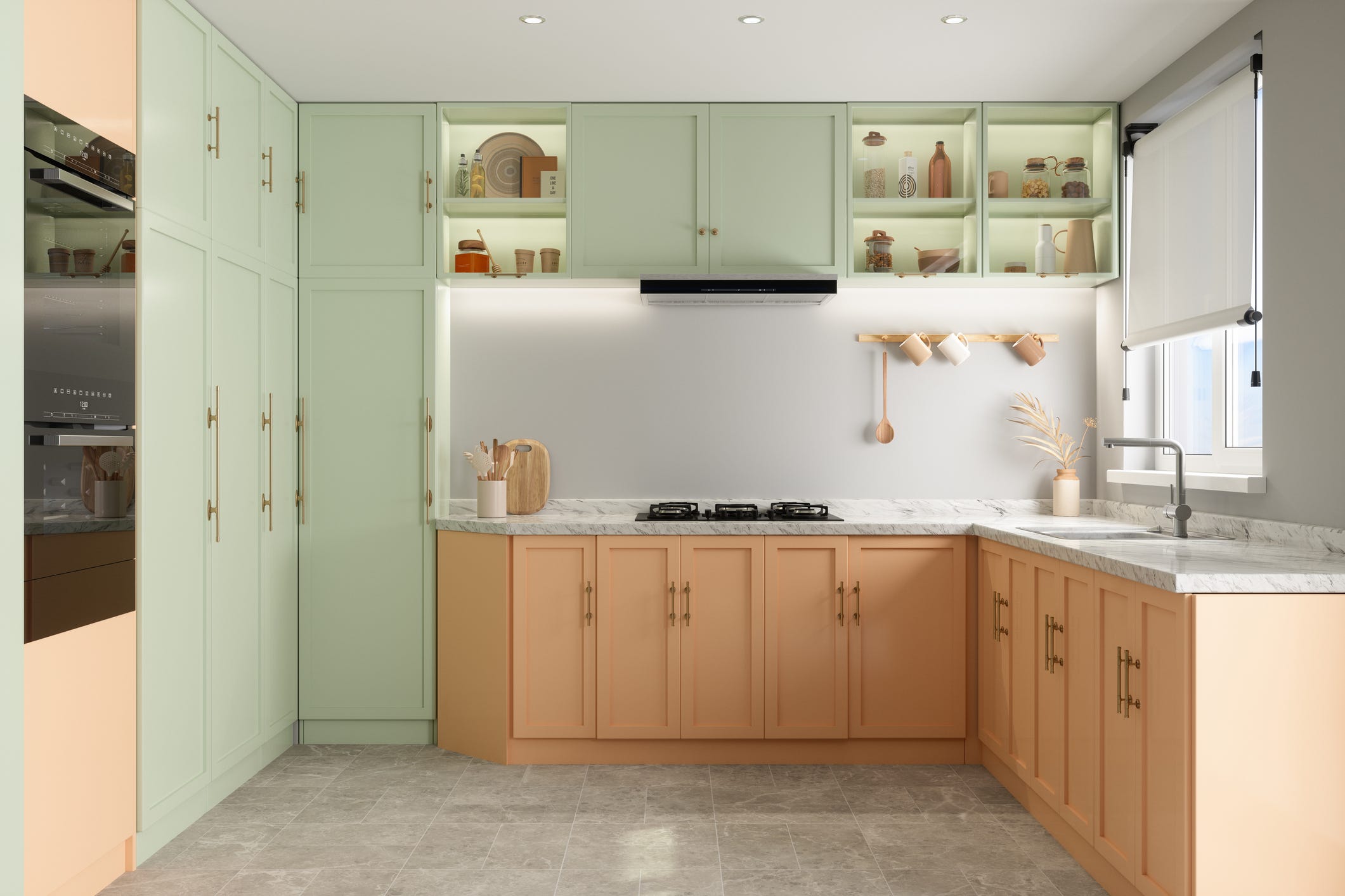 Dünne Shaker-Küchenrahmen mit grünem Oberschrank und orangefarbenem Unterschrank sowie schlichter weißer Rückwand ohne Fliesen