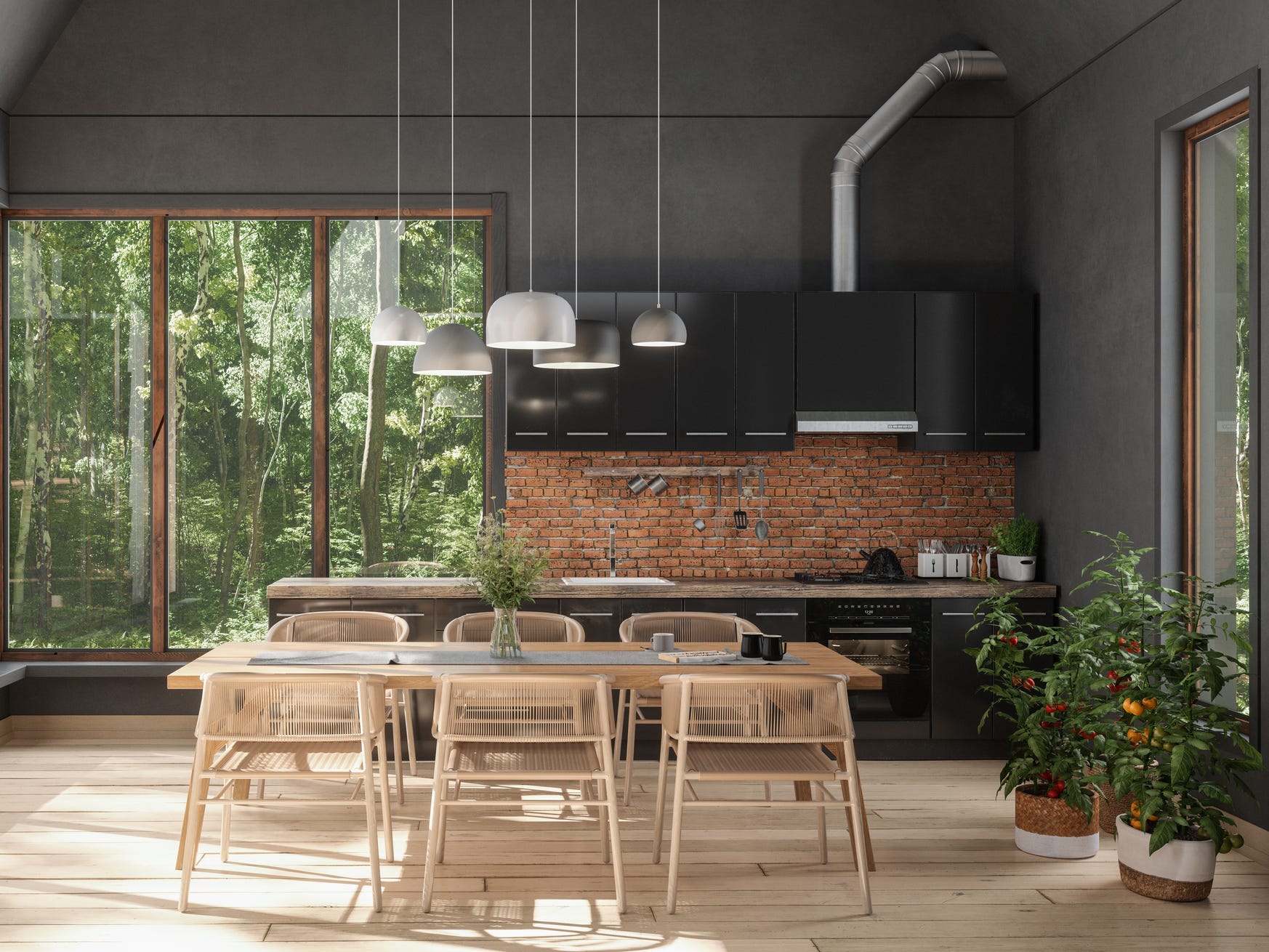 Moderne Küche mit großen Fenstern und industriellen Akzenten wie unverputzten Ziegeln und Rohren