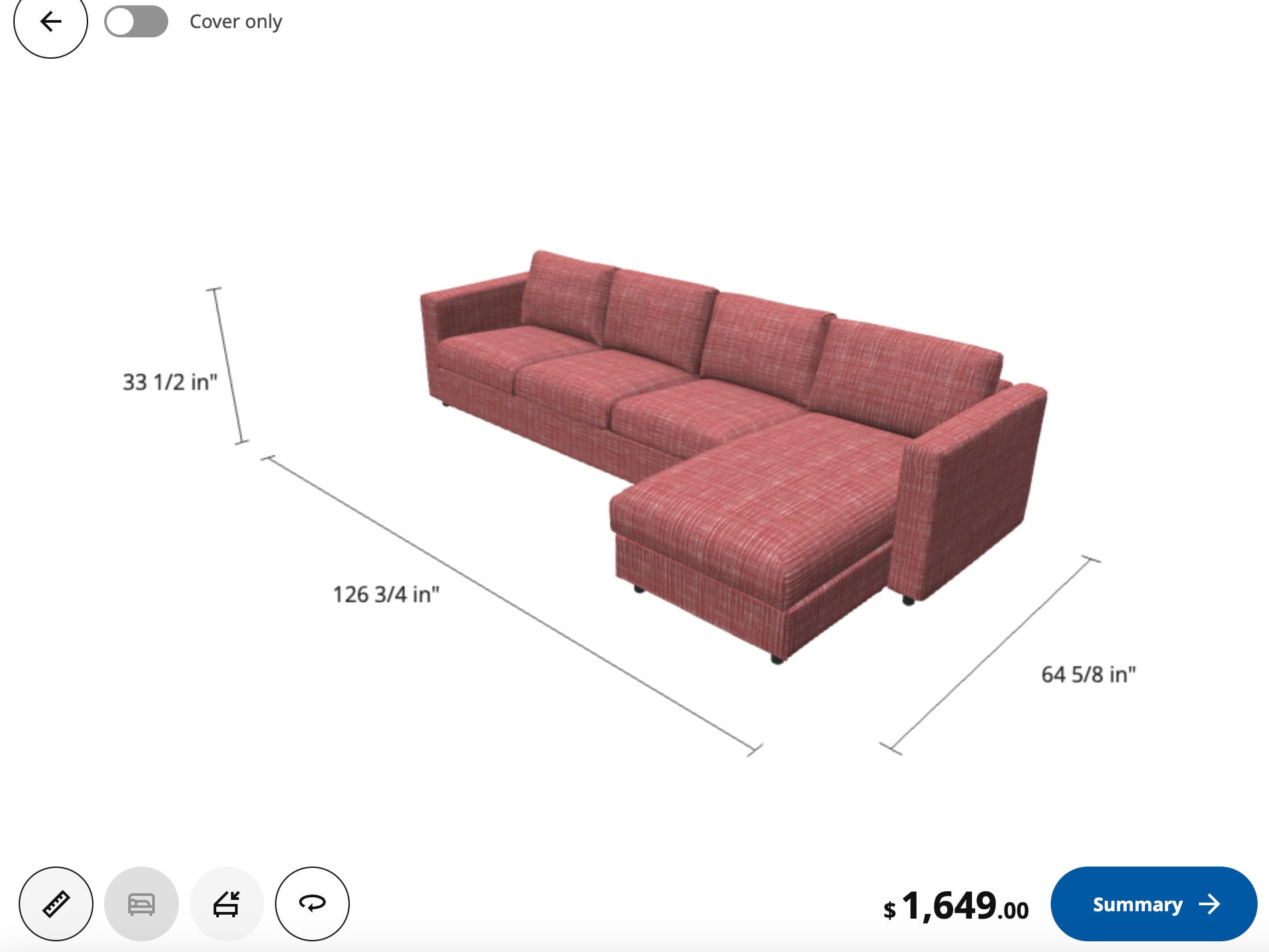 Ein Screenshot der Ikea-Couch-Anpassungsfunktion auf der Website.  Auf dem Bildschirm werden eine rote Couch und Abmessungen angezeigt