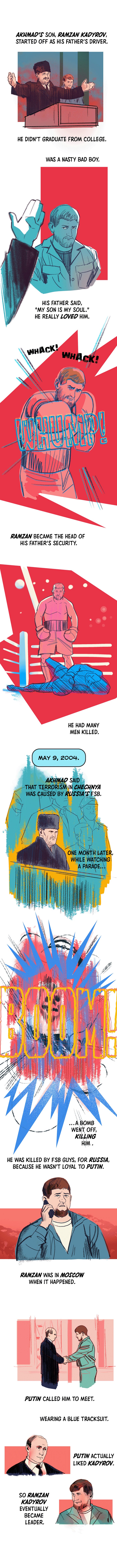 Achmads Sohn Ramsan Kadyrow war zunächst der Fahrer seines Vaters.  Er hat das College nicht abgeschlossen.  War ein böser böser Junge.  Sein Vater sagte: „Mein Sohn ist meine Seele.“  Er hat ihn wirklich geliebt.  Ramzan wurde der Sicherheitschef seines Vaters.  Er ließ viele Männer töten.  9. Mai 2004. Achmad sagte, der Terrorismus in Tschetschenien sei vom russischen FSB verursacht worden.  Einen Monat später, als er sich eine Parade ansah, explodierte eine Bombe, die ihn tötete.  Er wurde von FSB-Leuten für Russland getötet, weil er Putin gegenüber nicht loyal war.  Ramsan war in Moskau, als es passierte.  Putin rief ihn zu einem Treffen an.  Trägt einen blauen Trainingsanzug.  Putin mochte Kadyrow tatsächlich.  So wurde Ramsan Kadyrow schließlich zum Anführer.