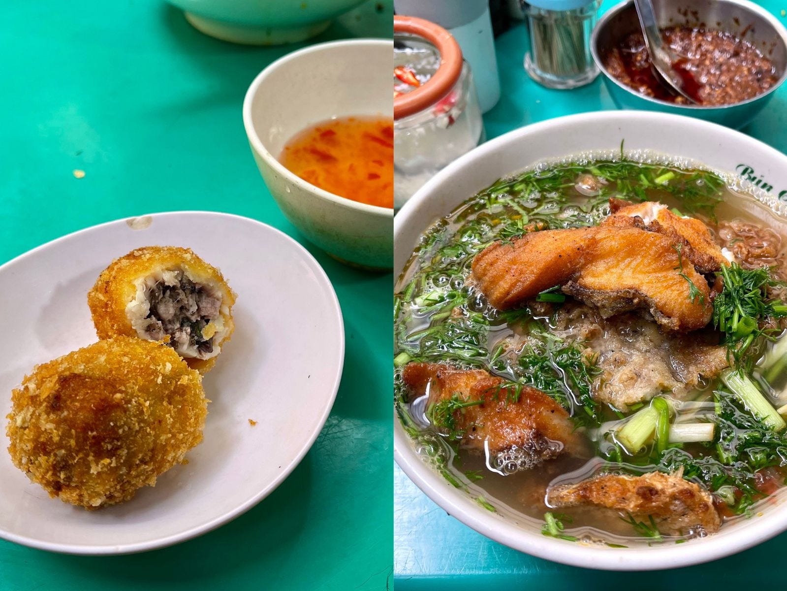 Gebratener Fischkuchen auf dem Teller und gebratene Fischnudelsuppe in einer Schüssel in Vietnam