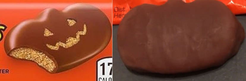 Ein direkter Vergleich der Fotos in Cynthia Kellys Klage gegen Hershey, die den Reese's Peanut Butter Pumpkin auf der Verpackung (links) und einen Reese's Peanut Butter Pumpkin (rechts) zeigen.