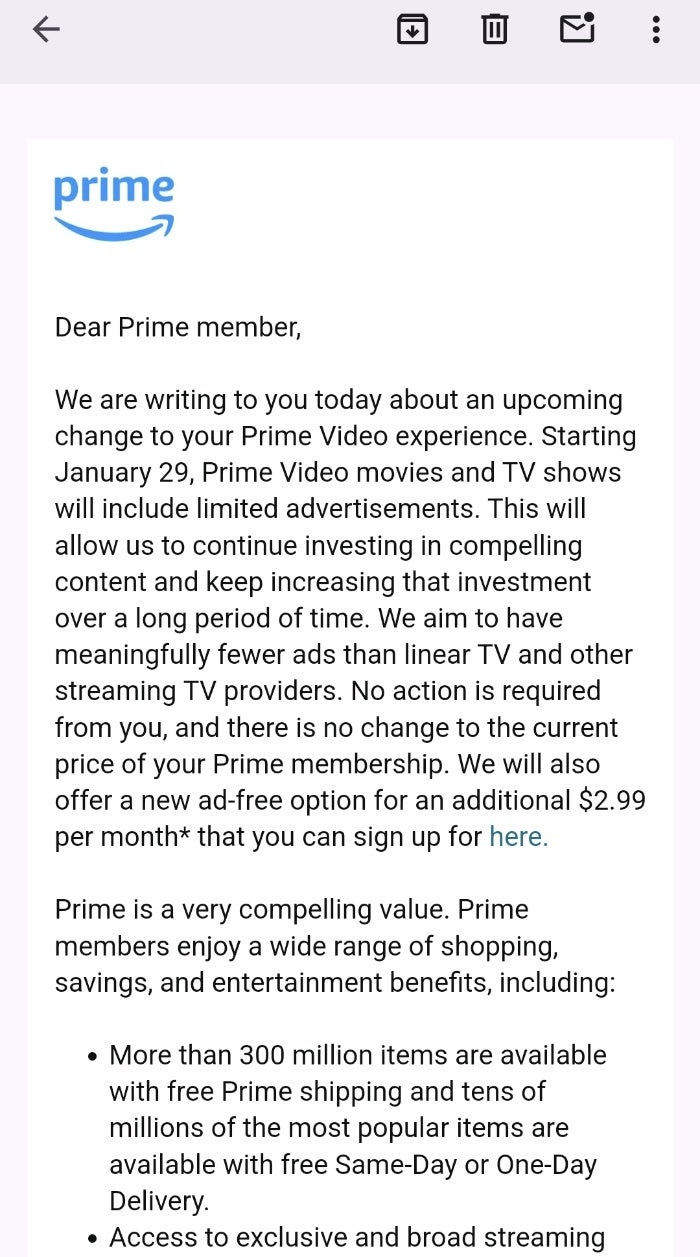 Amazon teilt seinen Prime Video-Abonnenten mit, dass am 29. Januar Werbung geschaltet wird, es sei denn, sie zahlen extra