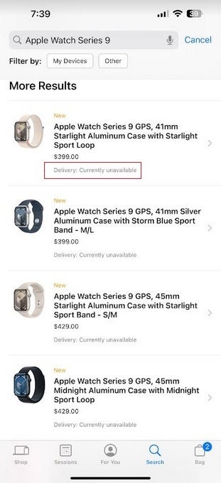 Die Modelle der Apple Watch Series 9 werden in der Apple Store App als derzeit nicht verfügbar aufgeführt – Apple hält Wort und entfernt die Apple Watch Series 9 und Ultra 2 aus den Online-Apple Stores in den USA