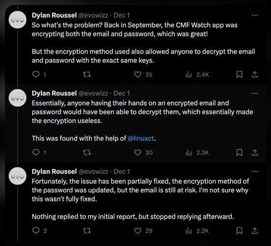 Quelle – Dylan Roussel |  X – Es wurden ebenfalls Sicherheitslücken in der Watch-App Nothing CMF festgestellt