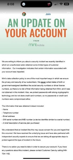 Mint Mobile informierte betroffene Kunden per E-Mail über den Datenverstoß. Einige Mint Mobile-Abonnenten wurden Opfer eines Datenverstoßes, der zu einem SIM-Tausch führen konnte
