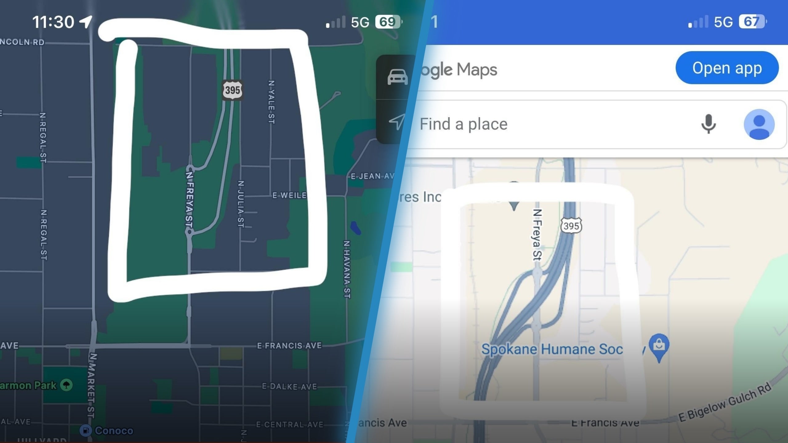 Apple Maps (L) hat es versäumt, eine neue Straße einzubinden, die in Google Maps (R) enthalten war – Es gibt einen großen Fehler, den Apple Maps beheben muss, um mit Google Maps konkurrieren zu können