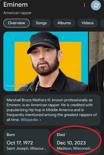 Google wird durch eine gefälschte Meldung über Eminems Tod getäuscht und teilt die gefälschten Nachrichten über seinen Tod im Internet. Letztes Wochenende verbreitete Google das Datum, an dem Eminem gestorben sei, obwohl er noch am Leben und wohlauf sei