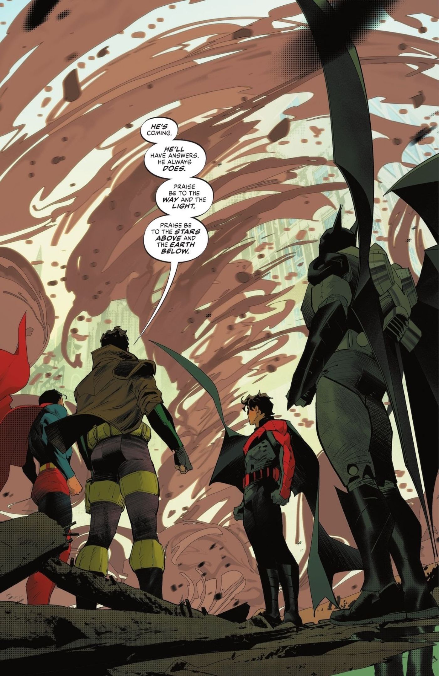 Comic-Seite: Kostümierte Superhelden stehen vor einem Wirbelsturm.