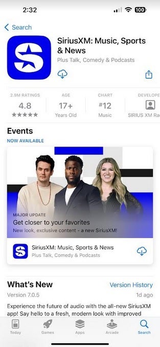 SiriusXM-Eintrag im App Store – SiriusXM wird vorgeworfen "Verbraucher in die Falle locken" indem es die Kündigung von Abonnements nicht einfach macht